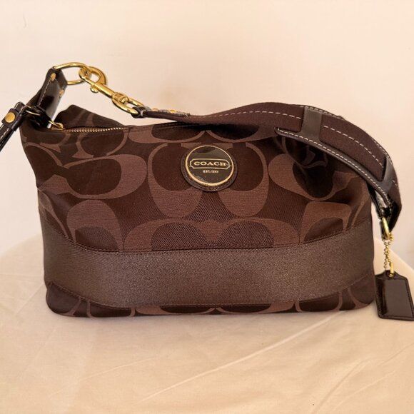 Authentic Coach Monogram Brown Small Shoulder/Wristlet Bag, Brown Lining - Picture 1 of 12